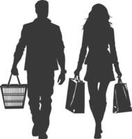 silueta hombre y mujer con compras cesta lleno cuerpo negro color solamente vector