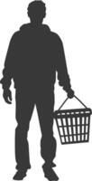 Silhouette man with Shopping basket full body black color only vector