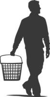 Silhouette man with Shopping basket full body black color only vector