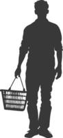 Silhouette man with Shopping basket full body black color only vector