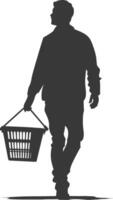 Silhouette man with Shopping basket full body black color only vector