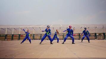 groep van mensen in kleurrijk outfits dansen buitenshuis. video