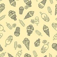 Ice cream seamless pattern. Hand drawn doodle black ice cream on blue background. Summer concept. vector