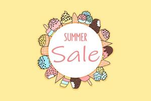 Summer sale background. Ice cream sticker on yellow surface. Hand drawn doodle illustration. vector