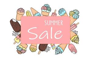Summer sale concept. Background with ice cream and place for text. Hand drawn illustration. vector