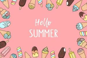 Ice cream background with place for text. Hand drawn ice cream on pink background. Summer concept. vector