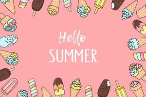 Ice cream background with place for text. Hand drawn ice cream on pink background. Summer concept. vector