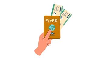 Summer vacation plane tickets and passport in the hand isolated on white. Travel concept. Hand drawn illustration in flat style. vector