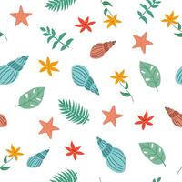 Summer seamless pattern. Summer concept. Background of plants and shells isolated on white. Hand drawn flat illustration. vector