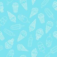 Ice cream seamless pattern. Hand drawn doodle white ice cream on blue background. Summer concept. vector