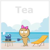 Girl relaxing on the beach, lying on a sun lounger with a drink in her hands vector