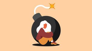 Isolated depressed woman with bomb in background vector