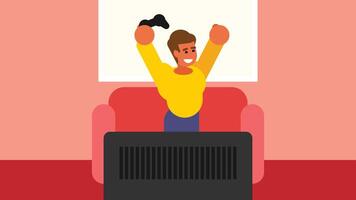 Boy playing videogames and winning the match vector