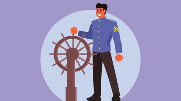 Captain driving a ship with steering wheel vector