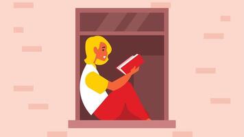 niña leyendo un libro en el casa ventana ilustración vector