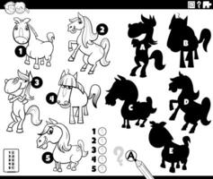 finding shadows activity with cartoon horses coloring page vector