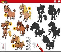 finding shadows activity with cartoon horses characters vector