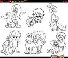 dibujos animados niños y perros mascota caracteres conjunto colorante página vector
