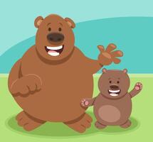 funny cartoon brown bear animal character with baby bear vector