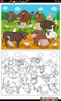 cartoon farm animal characters group coloring page vector