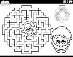 maze game with cartoon little boy and puppy coloring page vector