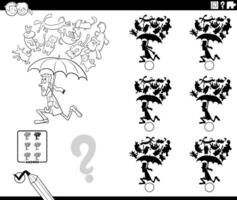 sombra juego con dibujos animados lloviendo gatos y perros colorante página vector