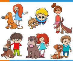 dibujos animados niños y su perros mascota caracteres conjunto vector