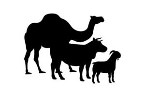 vaca, camello, y cabra siluetas para granja valores diseño. eid al-adha sacrificio animal silueta ilustración vector