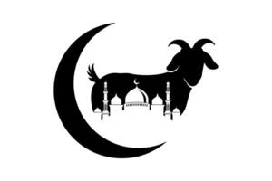 Eid al-Adha Mubarak background template with goat, mosque, and crescent Illustration vector