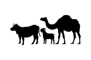 Cow, camel, and goat silhouettes for farm stock design. Eid al-Adha sacrifice animal silhouette illustration vector