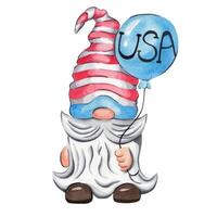 The gnome is holding a USA ball. Independence Day in the USA. Watercolor illustration, hand drawn. vector