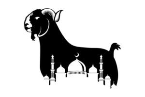 goat and mosque silhouette illustration for eid al-adha celebration design vector