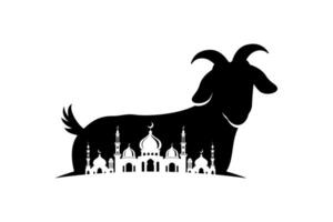goat and mosque silhouette illustration for eid al-adha celebration design vector