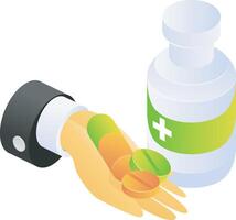 Hand holding pills and capsule of isometric style vector