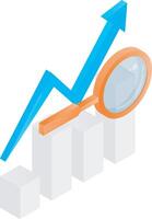 Estadísticas datos con flecha arriba y aumentador vaso de isométrica estilo vector