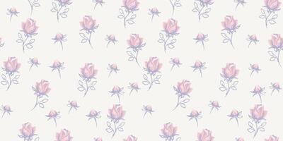 Pastel retro seamless pattern with abstract tiny rosebuds, small rose, little buds. Cute ditsy flowers printing scattered randomly on a light background. hand drawing sketch. Ornament repeated vector