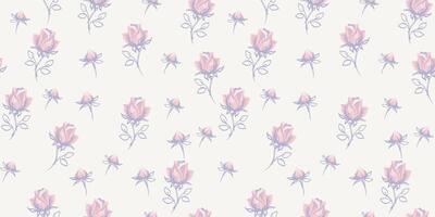 Pastel retro seamless pattern with abstract tiny rosebuds, small rose, little buds. Cute ditsy flowers printing scattered randomly on a light background. hand drawing sketch. Ornament repeated vector