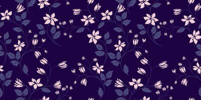 Blooming tiny wild floral stems intertwined in a seamless pattern on a dark blue background. Abstract artistic shapes branches with ditsy flowers, buds, small leaves printing. hand drawing vector