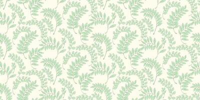 Abstract green branches leaves scattered randomly in a seamless pattern. hand drawing sketch. Creative tiny leaf stems printing on a light background. Template for design vector