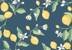 Tropical summer seamless pattern with yellow lemons leaves on branches on a dark turquoise background. hand drawing illustration. Abstract artistic citrus stems repeated printing. Ornament vector