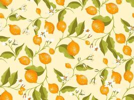 Tropical seamless pattern with blooming yellow lemons, limes on branch with green leaves and buds. hand drawing. Abstract artistic summer fruit repeated background. Designs for textiles kitchen vector