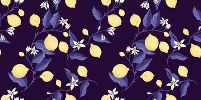 Tropical pattern with blooming yellow lemons, on branch with leaves. hand drawing illustration. Abstract artistic citrus fruit printing intertwined in a seamless black background. vector