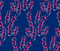 Colorful abstract branches with flowers buds and tiny leaves intertwined in a seamless pattern. hand drawn illustration. Creative stylized wild floral stems printing on a blue background. vector