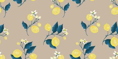 Blooming lemons on branch with leaves scattered randomly on a seamless pattern. hand drawing illustration. Abstract artistic citrus fruit repeated printing on a beige background. vector