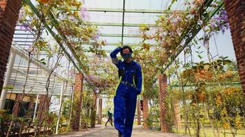 Person in blue outfit walking under a flower-covered pergola in a lush garden setting. video