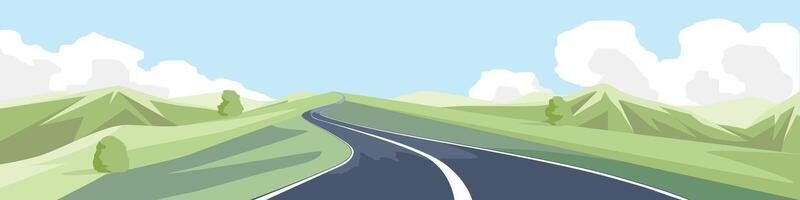 Curvy road on the hill. Asphalt road leading to the destination ahead. Rolling hills and green fields. or Illustration transport and nature background for banner. vector