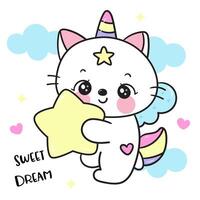 linda gato unicornio abrazo magia estrella dulce sueño hada cuentos vector