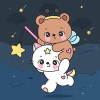 Cute cat unicorn and bear catching magic star on sky sweet dream fairy tales vector
