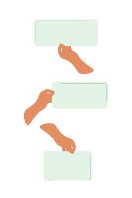 Hand holding blank paper or banner. Set illustrations arm presenting clean card background. Space for advertisement on placard, horizontal board, advertising banner.