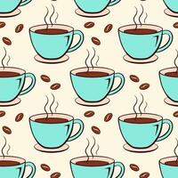 Coffee mugs with hot drink and coffee beans seamless pattern in doodle style. vector